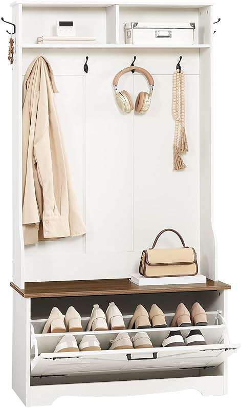 HOOBRO Hall Tree with Bench, Entryway Bench with Coat Rack and Shoe Cabinet, Flip Drawers, Farmhouse Hall Tree with Shoe Organizer, Mud Room, White and Walnut WH85MT01 - Image 9