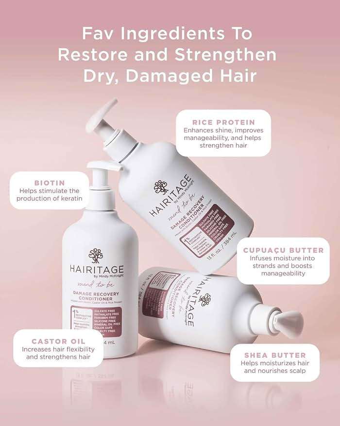 Hairitage Biotin Damage Repair Shampoo and Conditioner Set - Thickening + Volumizing - Biotin Castor Oil + Rice Protein - Sulfate Free + Color Safe - Deep Conditioning Treatment Dry Damaged Curly Hair - Image 4