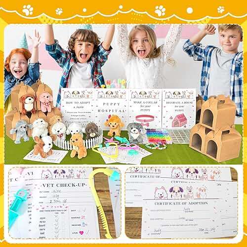 180 Pcs Adopt a Dog Party Favors Include 12 Mini Plush Dogs 12 Adoption Card 12 Kraft Boxes 12 Check Card 5 Adopt Sign 24 Puppy Stickers 1 Fence 102 Adopt a Puppy Supplies for Adoption Party (Dog) - Image 5