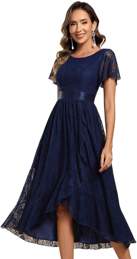Ever-Pretty Women's Lace Short Sleeve Round Neck Empire Waist Midi High Low Evening Gown 03489 - Image 1