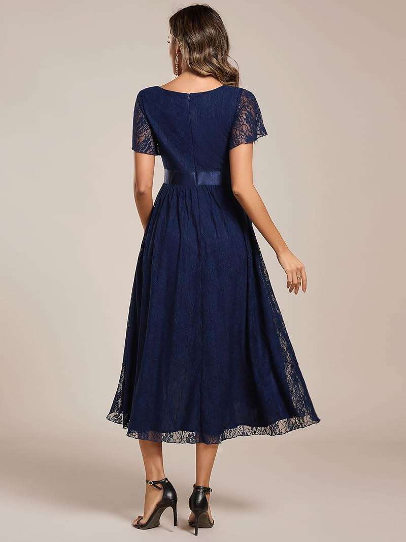 Ever-Pretty Women's Lace Short Sleeve Round Neck Empire Waist Midi High Low Evening Gown 03489 - Image 2