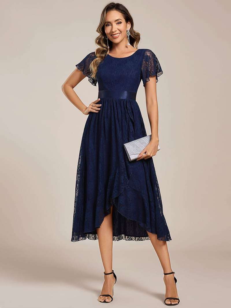 Ever-Pretty Women's Lace Short Sleeve Round Neck Empire Waist Midi High Low Evening Gown 03489 - Image 3