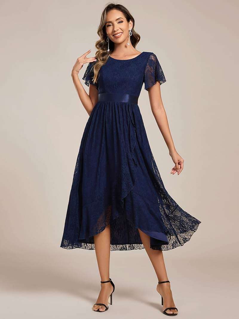 Ever-Pretty Women's Lace Short Sleeve Round Neck Empire Waist Midi High Low Evening Gown 03489 - Image 4