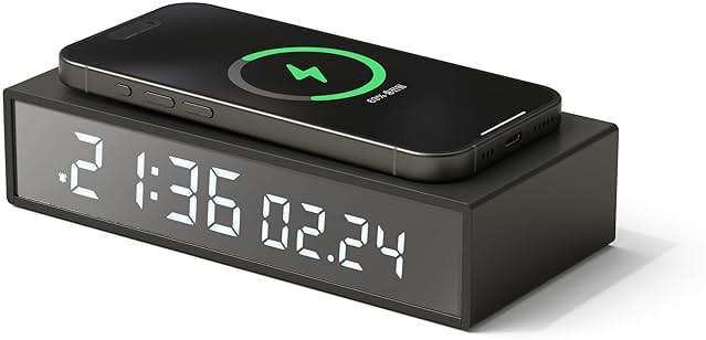 mooas 15W Slim Edge Mirror Wireless Charging Clock (Black), Max.15W Fast Wireless Charging, 12/24H time Mode, Alarm & Snooze, Adjustable Brightness Night Mode, Small Digital Alarm Clock Mirror Clock - Image 1