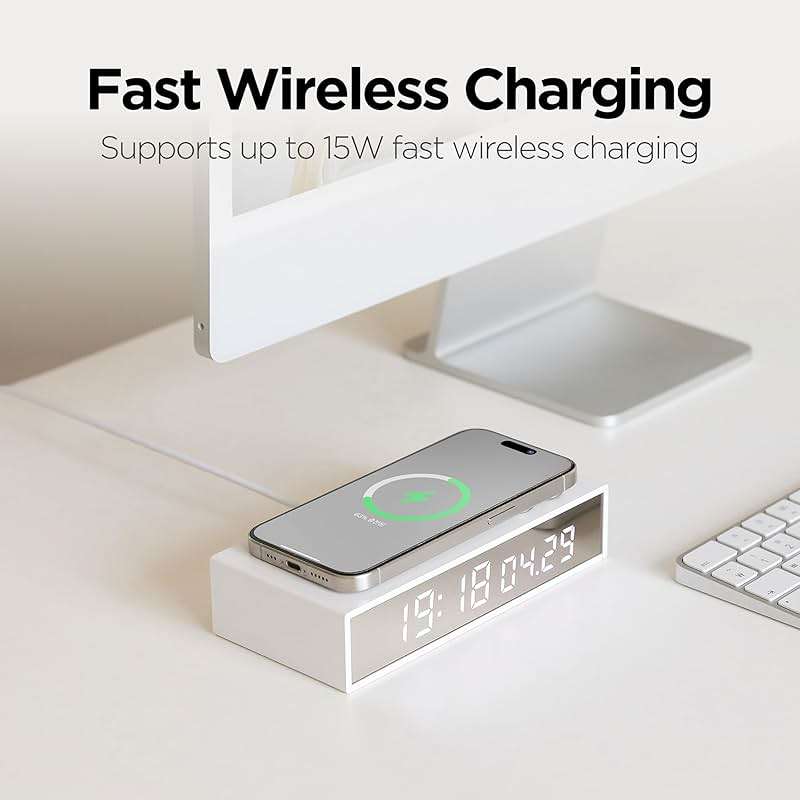 mooas 15W Slim Edge Mirror Wireless Charging Clock (Black), Max.15W Fast Wireless Charging, 12/24H time Mode, Alarm & Snooze, Adjustable Brightness Night Mode, Small Digital Alarm Clock Mirror Clock - Image 3