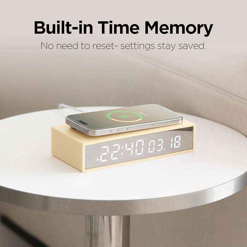 mooas 15W Slim Edge Mirror Wireless Charging Clock (Black), Max.15W Fast Wireless Charging, 12/24H time Mode, Alarm & Snooze, Adjustable Brightness Night Mode, Small Digital Alarm Clock Mirror Clock - Image 6