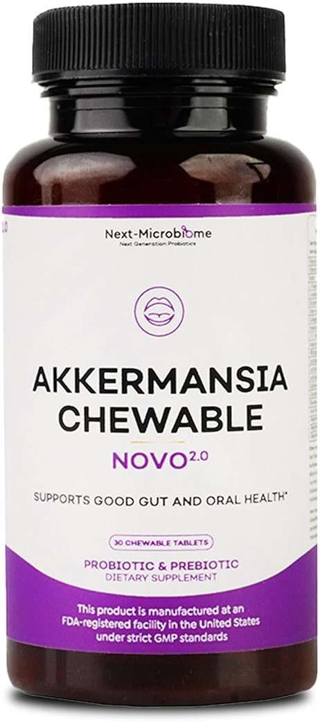 Chewable Akkermansia Probiotic and Prebiotic Supplement NOVO 2.0 with HMO, Supports Gut and Oral Microbiome, Supplements for Digestive Health and Skin Vitality, Targeted Delivery, 30 Tablets - Image 1