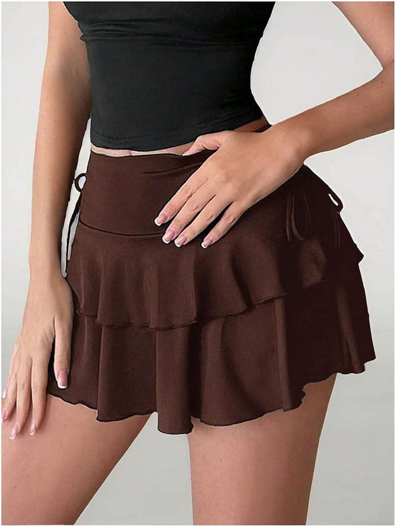 Verdusa Women's Y2k Ruffle Mini Skirt Bow Side Flowy A Line Cute Short Skirts Casual Skorts - Image 5
