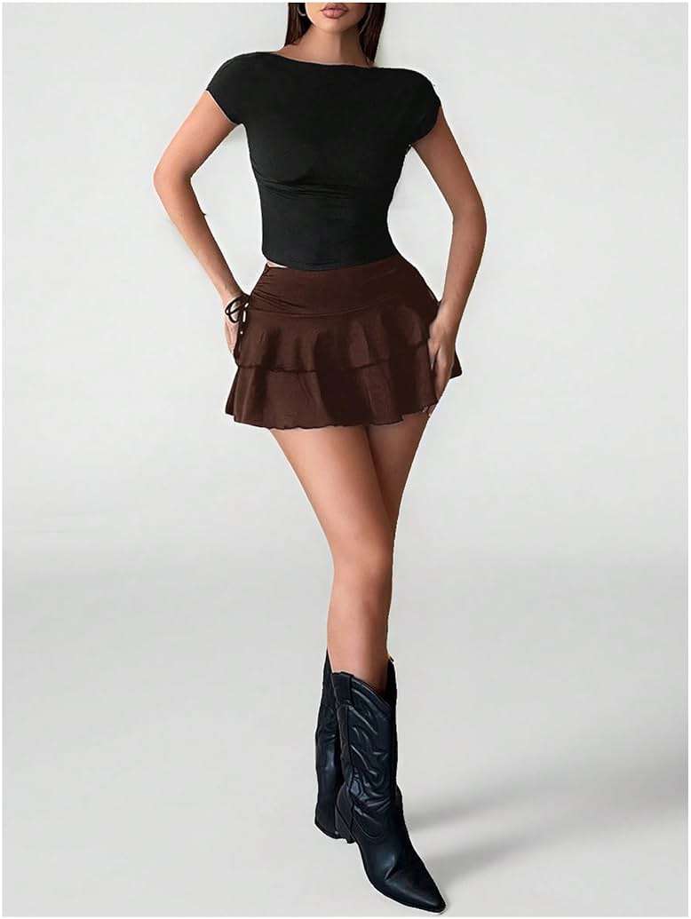 Verdusa Women's Y2k Ruffle Mini Skirt Bow Side Flowy A Line Cute Short Skirts Casual Skorts - Image 6