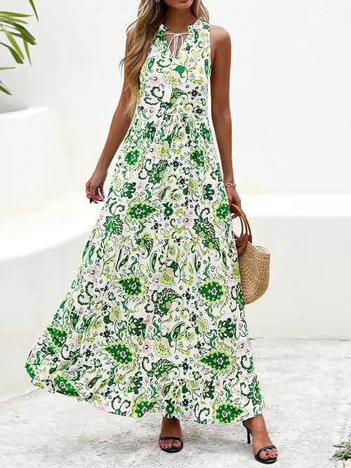 BTFBM Womens Summer Maxi Dresses 2025 Casual Sleeveless V Neck Loose Fit Floral Boho Dress Beach Long Sundress - Image 2