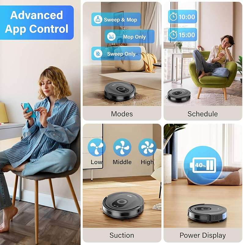 Tikom Robot Vacuum and Mop Combo, 5000Pa Robotic Vacuum Cleaner, 150 Min Max, App & Remote Control, Ideal for Hard Floor, Carpet, Pet Hair, Self-Charge(G8000 Max) - Image 4