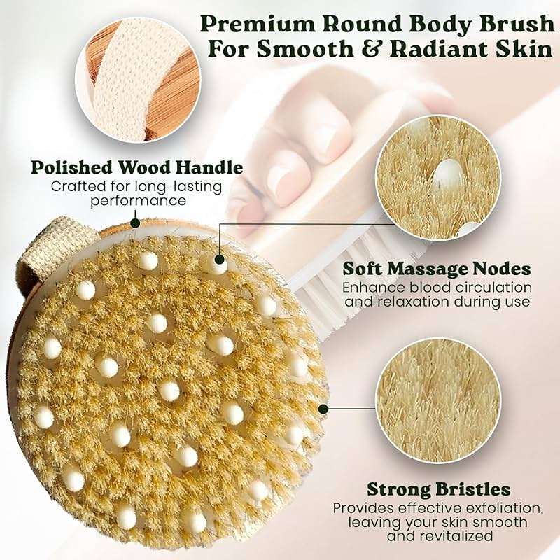 Large Dry Brushing Body Brush - Natural Boar Bristle Brush for Lymphatic Drainage, Cellulite, Blood Circulation - Skin Massage Nodes for Detox, Flawless Skin, Exfoliating Body Scrubber - Image 4