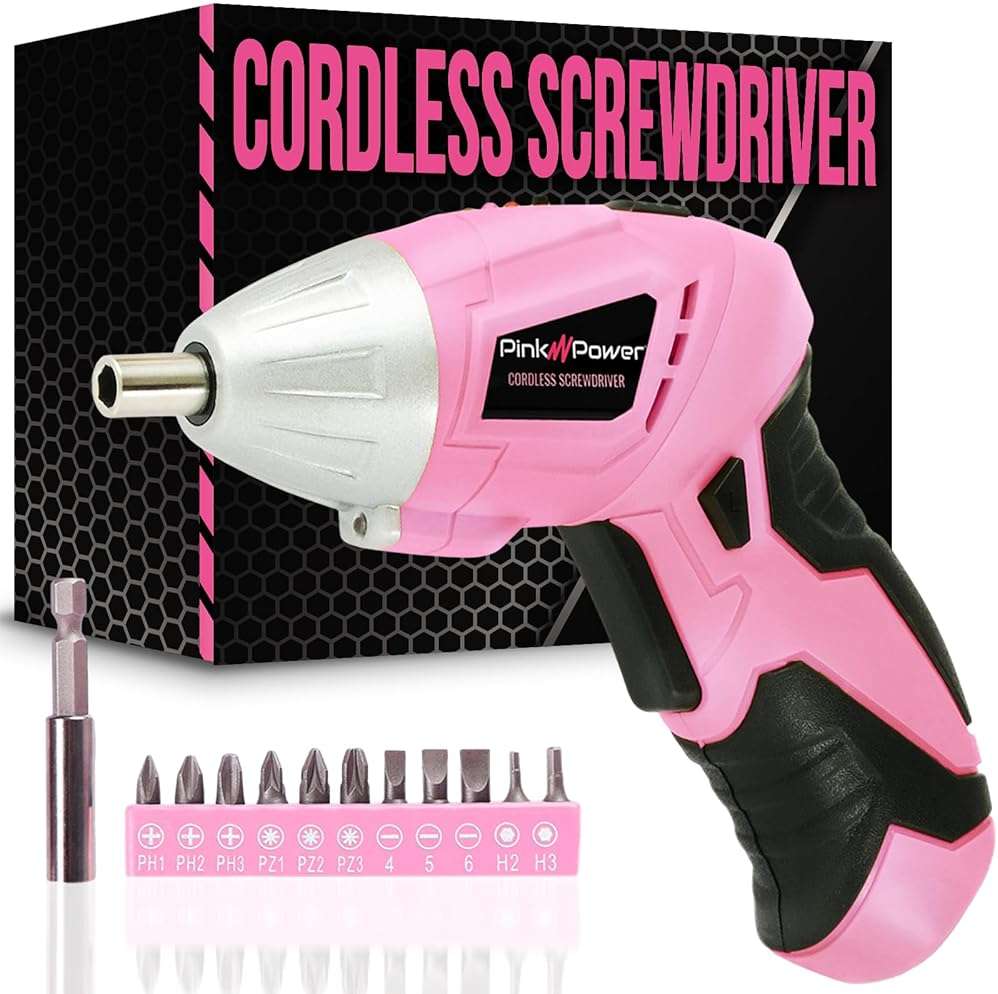 Pink Power 3.6 Volt Electric Screwdriver Cordless Rechargeable Screw Gun & Bit Set for Women - Cordless Screwdriver LED light, Battery Indicator and Pivoting Head - Small Power Screwdriver - Image 1