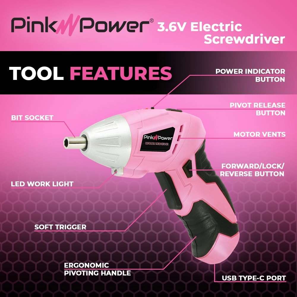 Pink Power 3.6 Volt Electric Screwdriver Cordless Rechargeable Screw Gun & Bit Set for Women - Cordless Screwdriver LED light, Battery Indicator and Pivoting Head - Small Power Screwdriver - Image 2