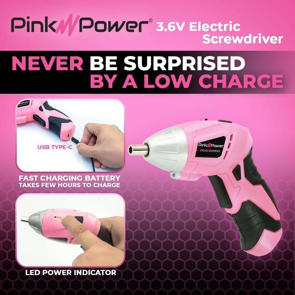 Pink Power 3.6 Volt Electric Screwdriver Cordless Rechargeable Screw Gun & Bit Set for Women - Cordless Screwdriver LED light, Battery Indicator and Pivoting Head - Small Power Screwdriver - Image 3