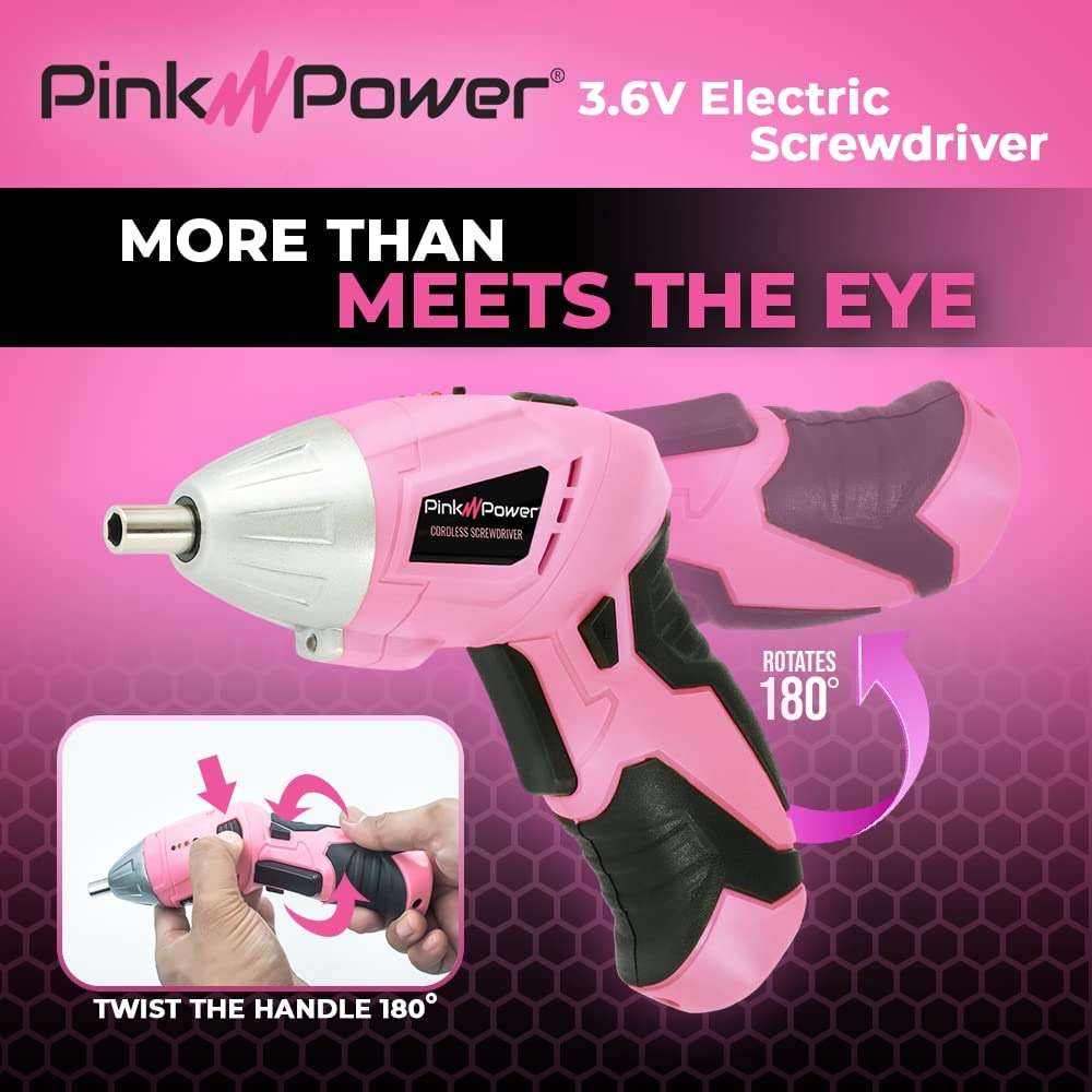 Pink Power 3.6 Volt Electric Screwdriver Cordless Rechargeable Screw Gun & Bit Set for Women - Cordless Screwdriver LED light, Battery Indicator and Pivoting Head - Small Power Screwdriver - Image 4
