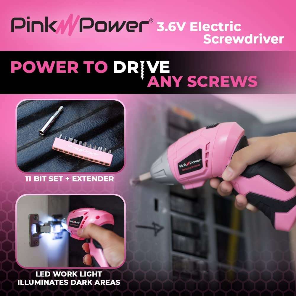 Pink Power 3.6 Volt Electric Screwdriver Cordless Rechargeable Screw Gun & Bit Set for Women - Cordless Screwdriver LED light, Battery Indicator and Pivoting Head - Small Power Screwdriver - Image 5