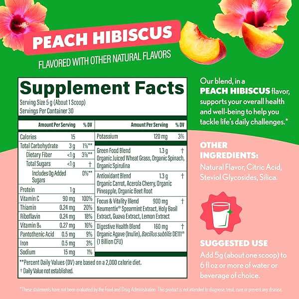 Amazing Grass Sweet Greens and Superfoods Powder for Digestive Health, Greens Powder, Digestive Enzymes, Probiotics, Spirulina, Chlorella, Peach Hibiscus, 30 Servings - Image 6