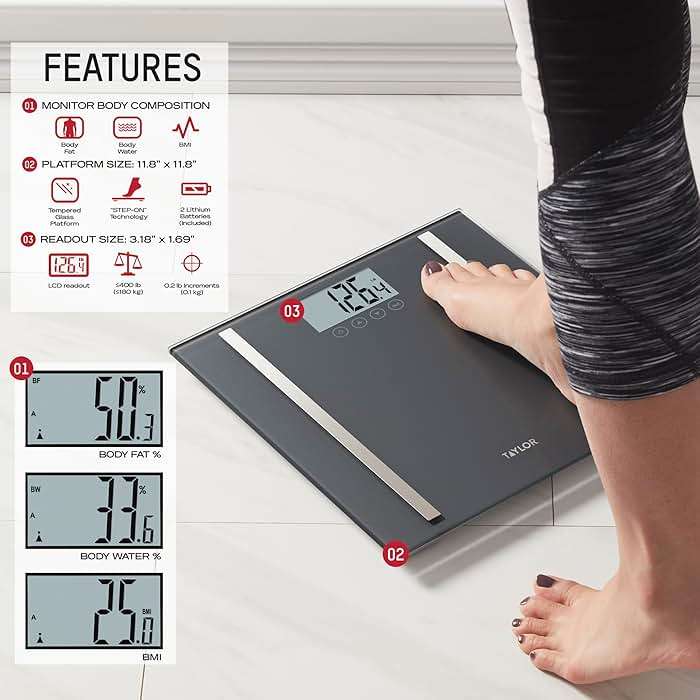 Taylor Digital Body Composition Scale, Bathroom Scale for Body Weight, Measures Body Fat, Body Water & Muscle Mass, 8 User Recognition, Normal & Athlete Modes, 400 lb Capacity, Black - Image 4