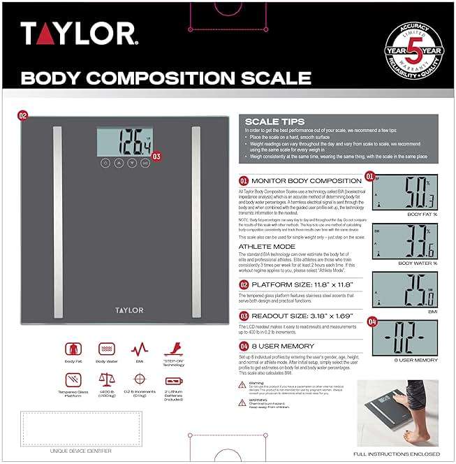Taylor Digital Body Composition Scale, Bathroom Scale for Body Weight, Measures Body Fat, Body Water & Muscle Mass, 8 User Recognition, Normal & Athlete Modes, 400 lb Capacity, Black - Image 7