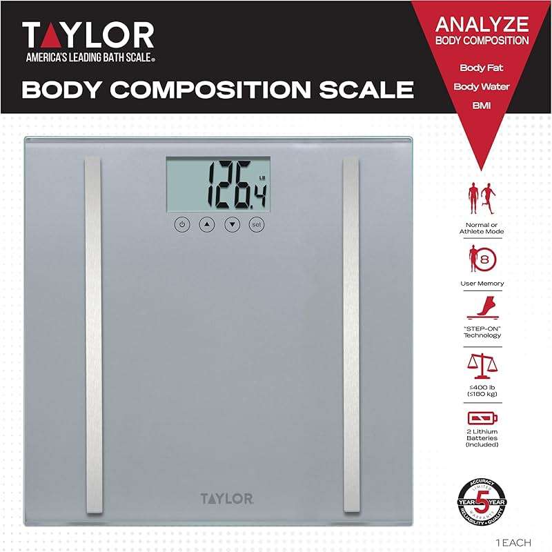 Taylor Digital Body Composition Scale, Bathroom Scale for Body Weight, Measures Body Fat, Body Water, and Muscle Mass Percentages, 8 User Recognition, 400 lb Capacity, Charcoal - Image 2