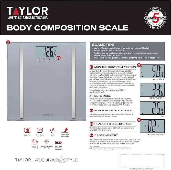 Taylor Digital Body Composition Scale, Bathroom Scale for Body Weight, Measures Body Fat, Body Water, and Muscle Mass Percentages, 8 User Recognition, 400 lb Capacity, Charcoal - Image 3