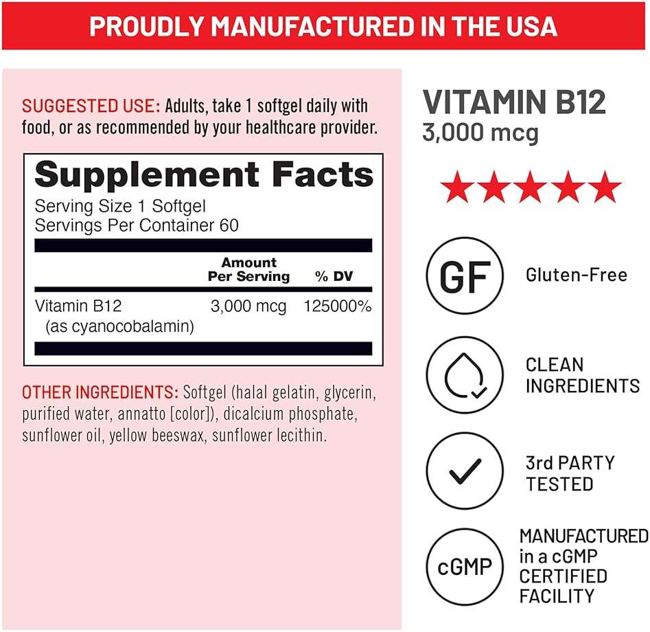 NatureWise Vitamin B12 3000 mcg - Extra Strength - Supplement for Supporting Energy Levels, Mental Clarity, Nervous System Health - Easy-to-Swallow, Soy and Gluten-Free, Non-GMO - 60 Softgels - Image 4