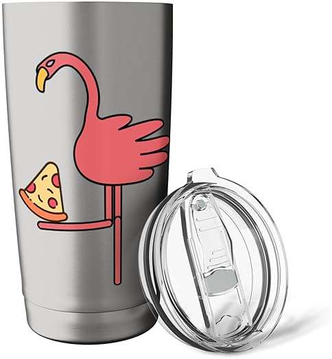 Funny Pink Bird Kawaii Cartoon Flamingo Pizza Stainless Steel Insulated Tumbler - Image 6