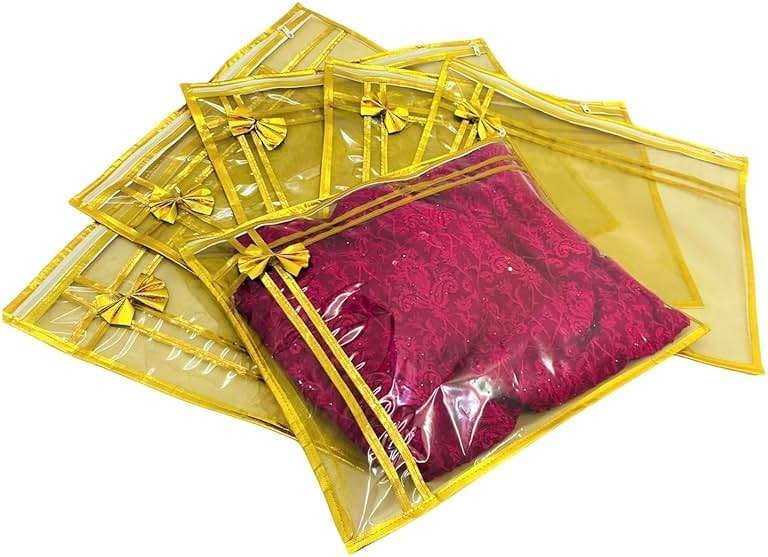 10 piece transparent single Saree/Suit Packing Sari Cover/Bag Organizer with zip for Wardrobe Storage and wedding gifting,dress covers (Golden, Pack of 10) - Image 1