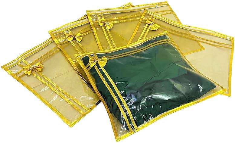 10 piece transparent single Saree/Suit Packing Sari Cover/Bag Organizer with zip for Wardrobe Storage and wedding gifting,dress covers (Golden, Pack of 10) - Image 2