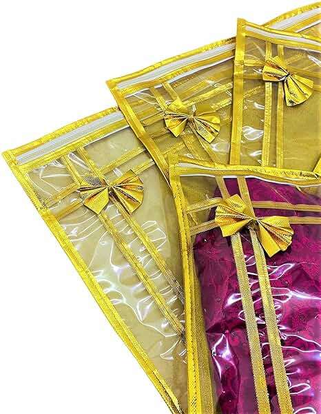 10 piece transparent single Saree/Suit Packing Sari Cover/Bag Organizer with zip for Wardrobe Storage and wedding gifting,dress covers (Golden, Pack of 10) - Image 3