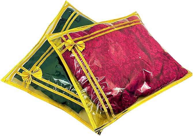 10 piece transparent single Saree/Suit Packing Sari Cover/Bag Organizer with zip for Wardrobe Storage and wedding gifting,dress covers (Golden, Pack of 10) - Image 4