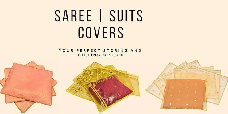 10 piece transparent single Saree/Suit Packing Sari Cover/Bag Organizer with zip for Wardrobe Storage and wedding gifting,dress covers (Golden, Pack of 10) - Image 6