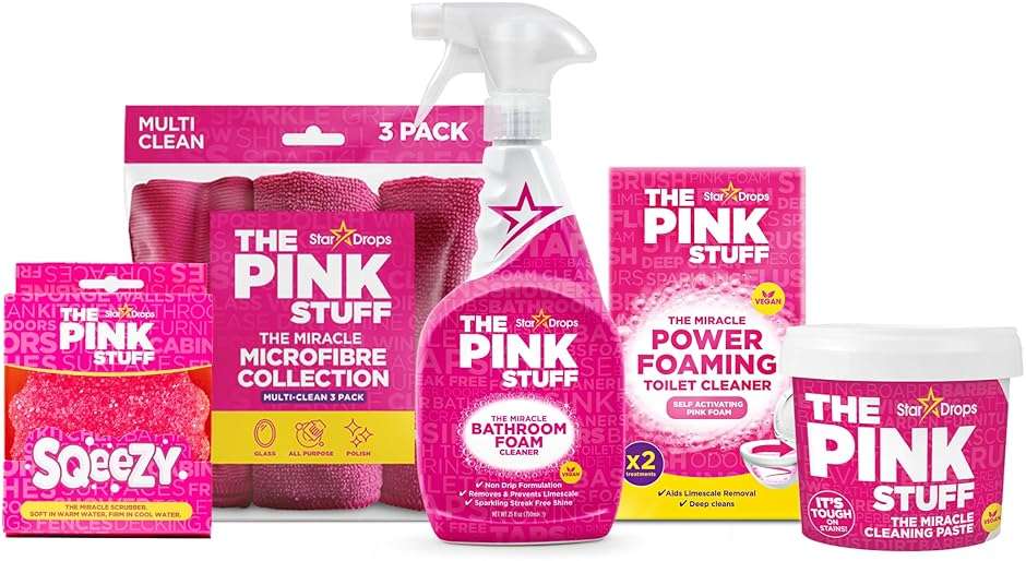 Stardrops - The Pink Stuff Bathroom Cleaning Kit – Cleaning Paste, Bathroom Foam Spray, Toilet Foaming Powder, SQeeZY Sponge & 3 Microfiber Cloths – Tough on Stains, Grease & Soap Scum - Image 1