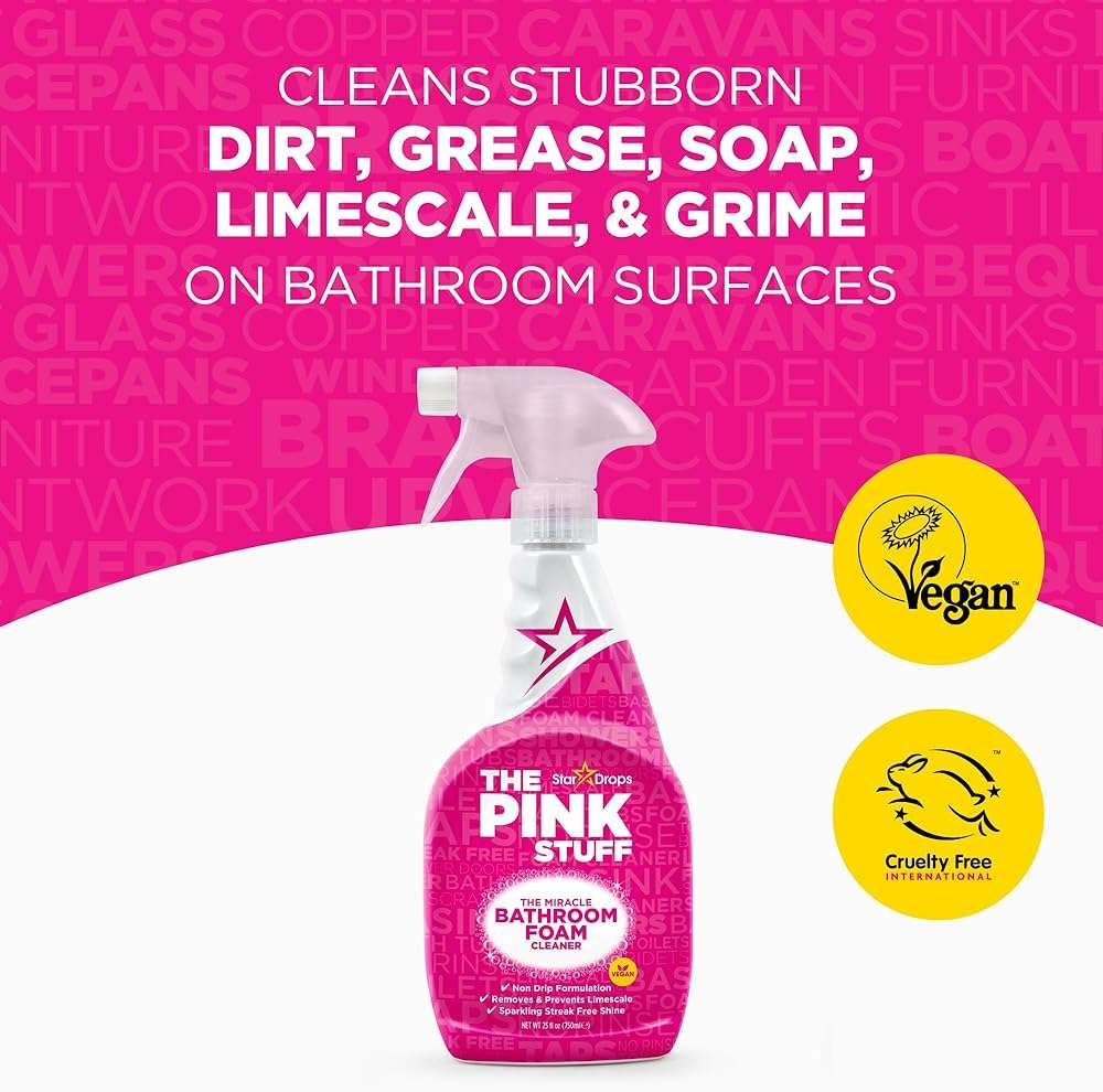 Stardrops - The Pink Stuff Bathroom Cleaning Kit – Cleaning Paste, Bathroom Foam Spray, Toilet Foaming Powder, SQeeZY Sponge & 3 Microfiber Cloths – Tough on Stains, Grease & Soap Scum - Image 4