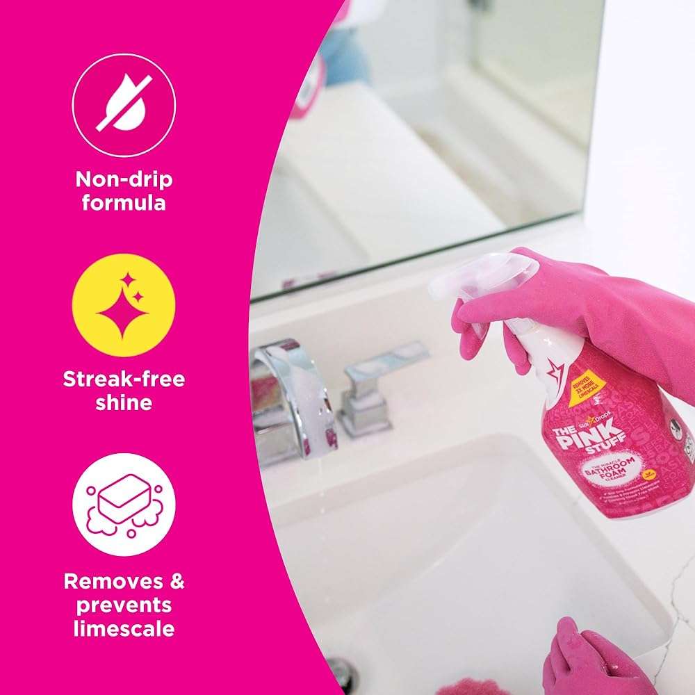 Stardrops - The Pink Stuff Bathroom Cleaning Kit – Cleaning Paste, Bathroom Foam Spray, Toilet Foaming Powder, SQeeZY Sponge & 3 Microfiber Cloths – Tough on Stains, Grease & Soap Scum - Image 6