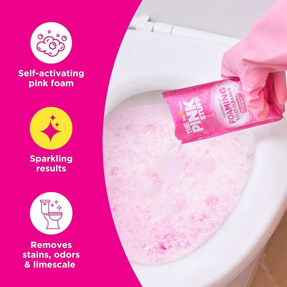 Stardrops - The Pink Stuff Bathroom Cleaning Kit – Cleaning Paste, Bathroom Foam Spray, Toilet Foaming Powder, SQeeZY Sponge & 3 Microfiber Cloths – Tough on Stains, Grease & Soap Scum - Image 8