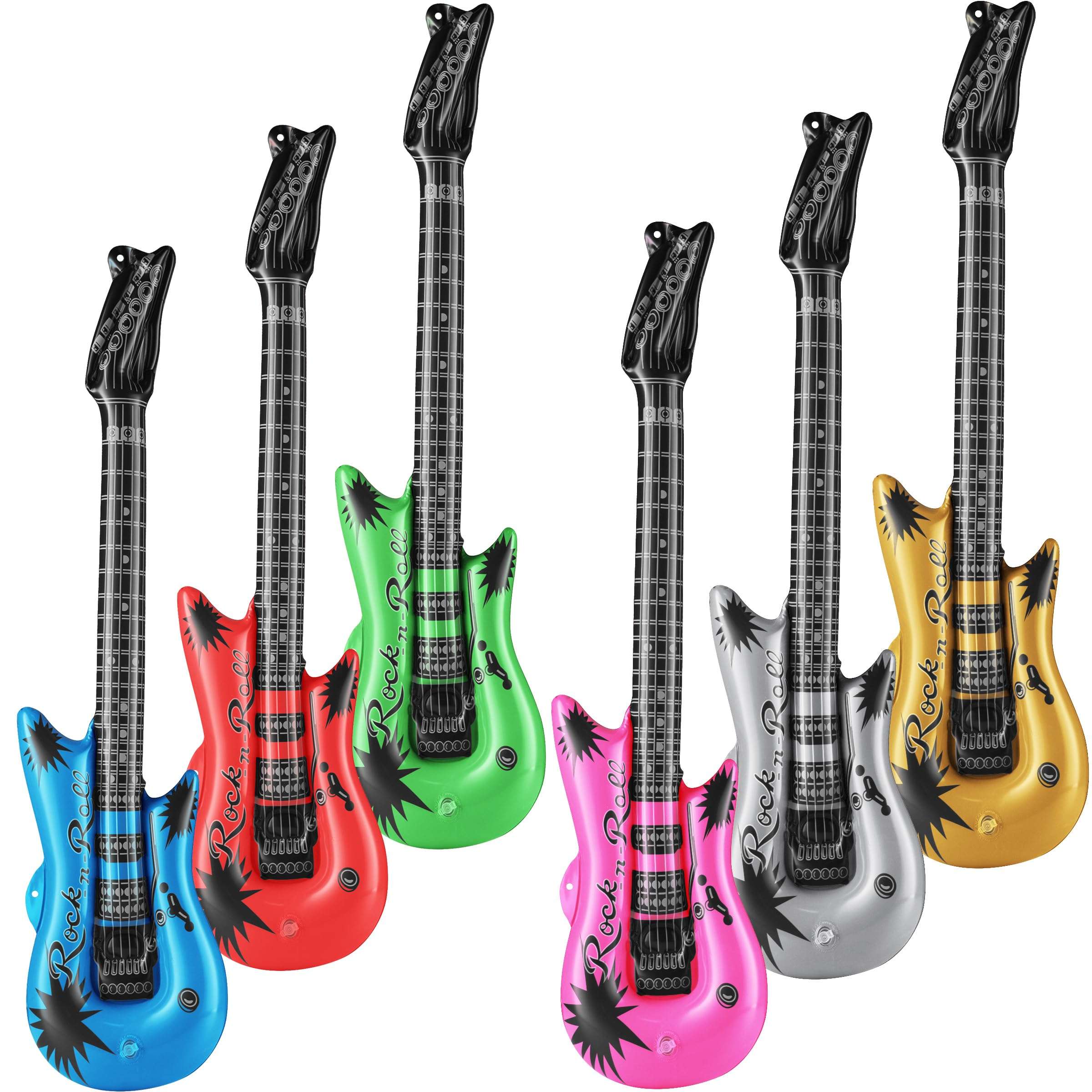 Bedwina Inflatable Guitars - (pack Of 6) 36-inch Colorful Blow Up Guitar With Strap, Party Favors, DJ-props, Photo-booth, Birthdays, Rock Star, Rock And Roll Party Decorations, 80s 90s Party Supplies - Image 1