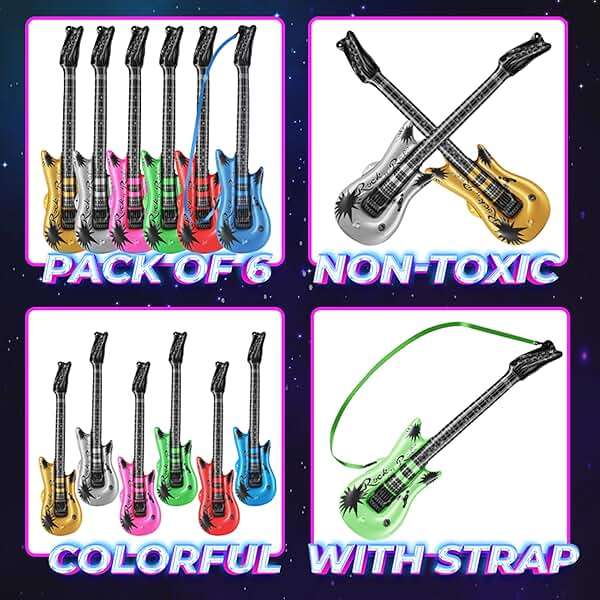 Bedwina Inflatable Guitars - (pack Of 6) 36-inch Colorful Blow Up Guitar With Strap, Party Favors, DJ-props, Photo-booth, Birthdays, Rock Star, Rock And Roll Party Decorations, 80s 90s Party Supplies - Image 2