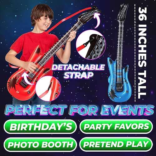 Bedwina Inflatable Guitars - (pack Of 6) 36-inch Colorful Blow Up Guitar With Strap, Party Favors, DJ-props, Photo-booth, Birthdays, Rock Star, Rock And Roll Party Decorations, 80s 90s Party Supplies - Image 3