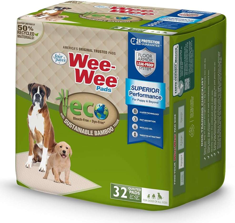 Four Paws Wee-Wee Superior Performance Bamboo Pee Pads for Dogs, Earth Friendly Dog & Puppy Potty Training Pads, Crate Liners, Housebreaking Supplies, 22" x 23" (32 Count) - Image 1