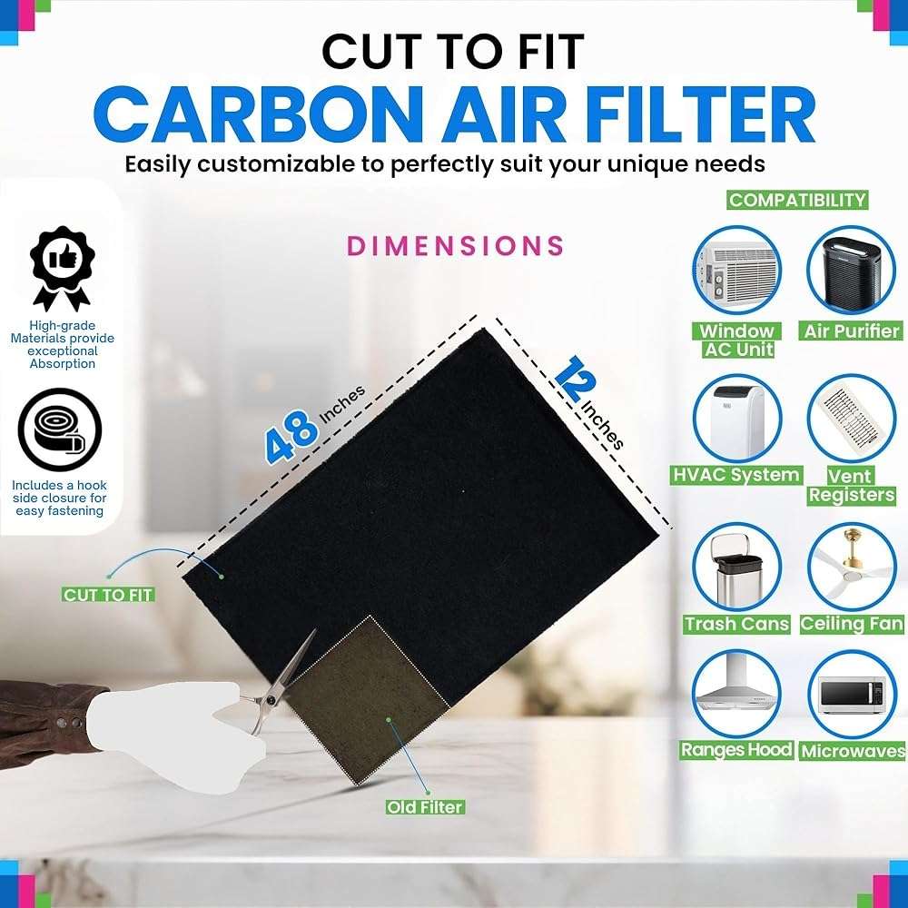 Cut to Fit Activated Carbon Filter Sheet 12” x 48” - Activated Carbon Air Filter for Air Purifiers Window AC Air Vent And More - Charcoal Filters Absorb Odors & Freshens the Air (1-Pack) - Image 3