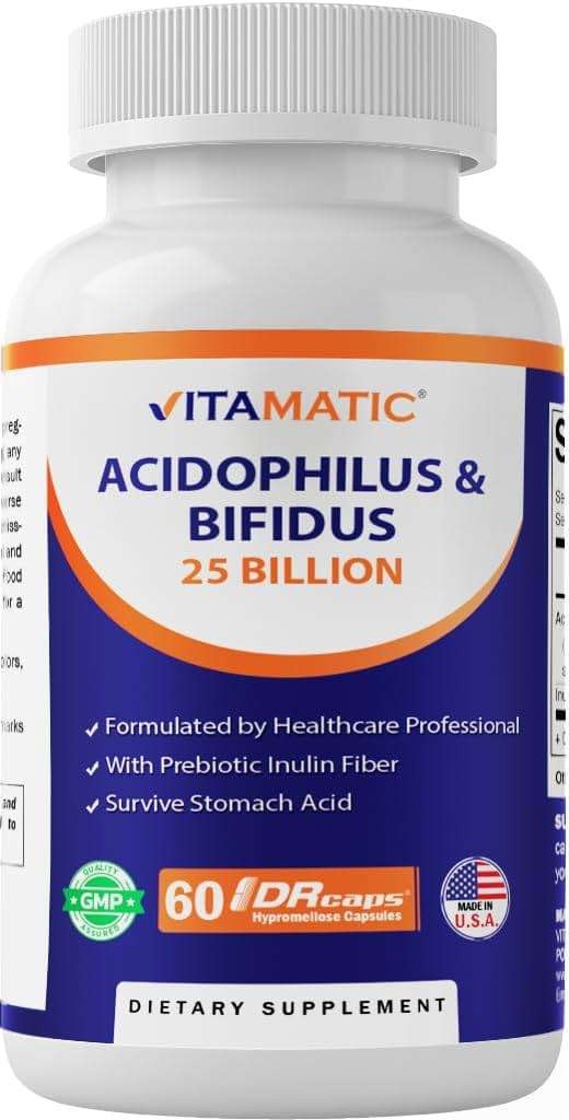 Vitamatic Acidophilus Bifidus 25 Billion DR Capsule - 60 Count - Digestive Support - Made with Prebiotic Inulin Fiber - Image 1
