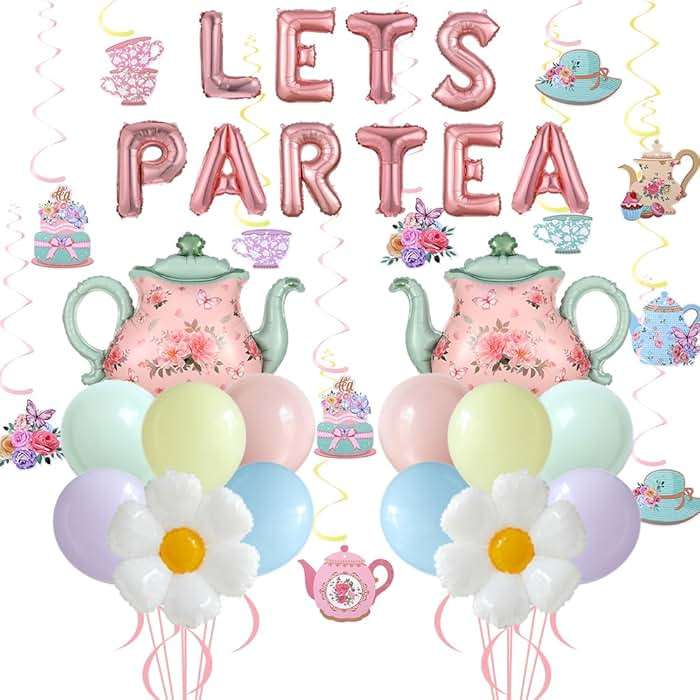 Tea Party Decorations 26Pcs Macaron Balloons with LETS PARTEA Foil Balloon Banner, Teacups andTeapot Hanging Swirls for Floral Spring Birthday Mother's Day Talking Tables Tea Party Supplies - Image 1