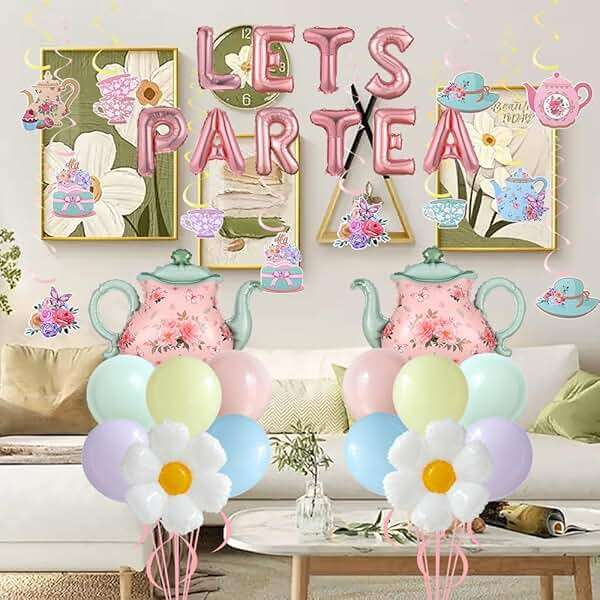 Tea Party Decorations 26Pcs Macaron Balloons with LETS PARTEA Foil Balloon Banner, Teacups andTeapot Hanging Swirls for Floral Spring Birthday Mother's Day Talking Tables Tea Party Supplies - Image 6