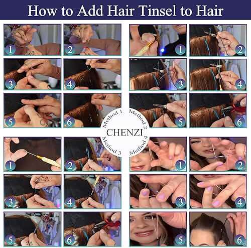 CHENZI 22 Colors 7700 Strands Hair Tinsel Kit, 48 Inch Glitter Tinsel Hair Extensions for July Fourth Christmas New Year Halloween Cosplay, Heat Resistant Fairy Hair Accessories for Girls, Kids, Women - Image 6