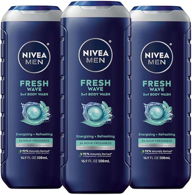 NIVEA MEN Fresh Wave Body Wash with Menthol, Refreshing Scent, 3-in-1 Men's Body Wash, Face and Hair, Paraben Free, Vegan Formula, 16.9 Fl Oz Bottle, Pack of 3 - Image 1