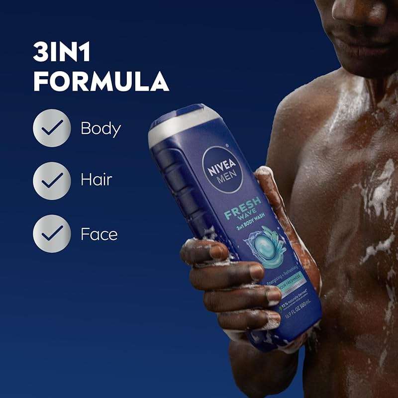 NIVEA MEN Fresh Wave Body Wash with Menthol, Refreshing Scent, 3-in-1 Men's Body Wash, Face and Hair, Paraben Free, Vegan Formula, 16.9 Fl Oz Bottle, Pack of 3 - Image 2