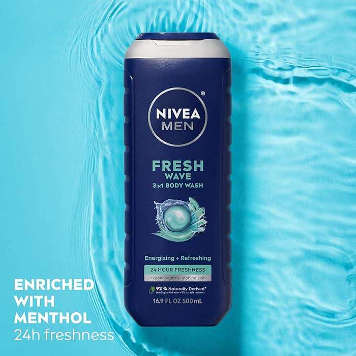 NIVEA MEN Fresh Wave Body Wash with Menthol, Refreshing Scent, 3-in-1 Men's Body Wash, Face and Hair, Paraben Free, Vegan Formula, 16.9 Fl Oz Bottle, Pack of 3 - Image 3