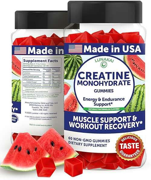 Lunakai USA Made Creatine Monohydrate Gummies for Women & Men – Vegan Creatine Gummies for Muscle & Recovery Support – Pre Workout Supplement, 60ct - Image 1